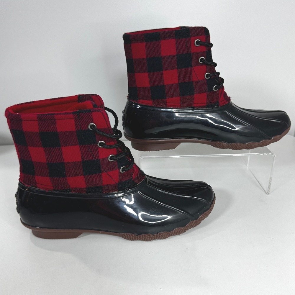 Jessica Carlyle Womens Buffalo Plaid Duck Boots Black Red Rain Snow Size 10
